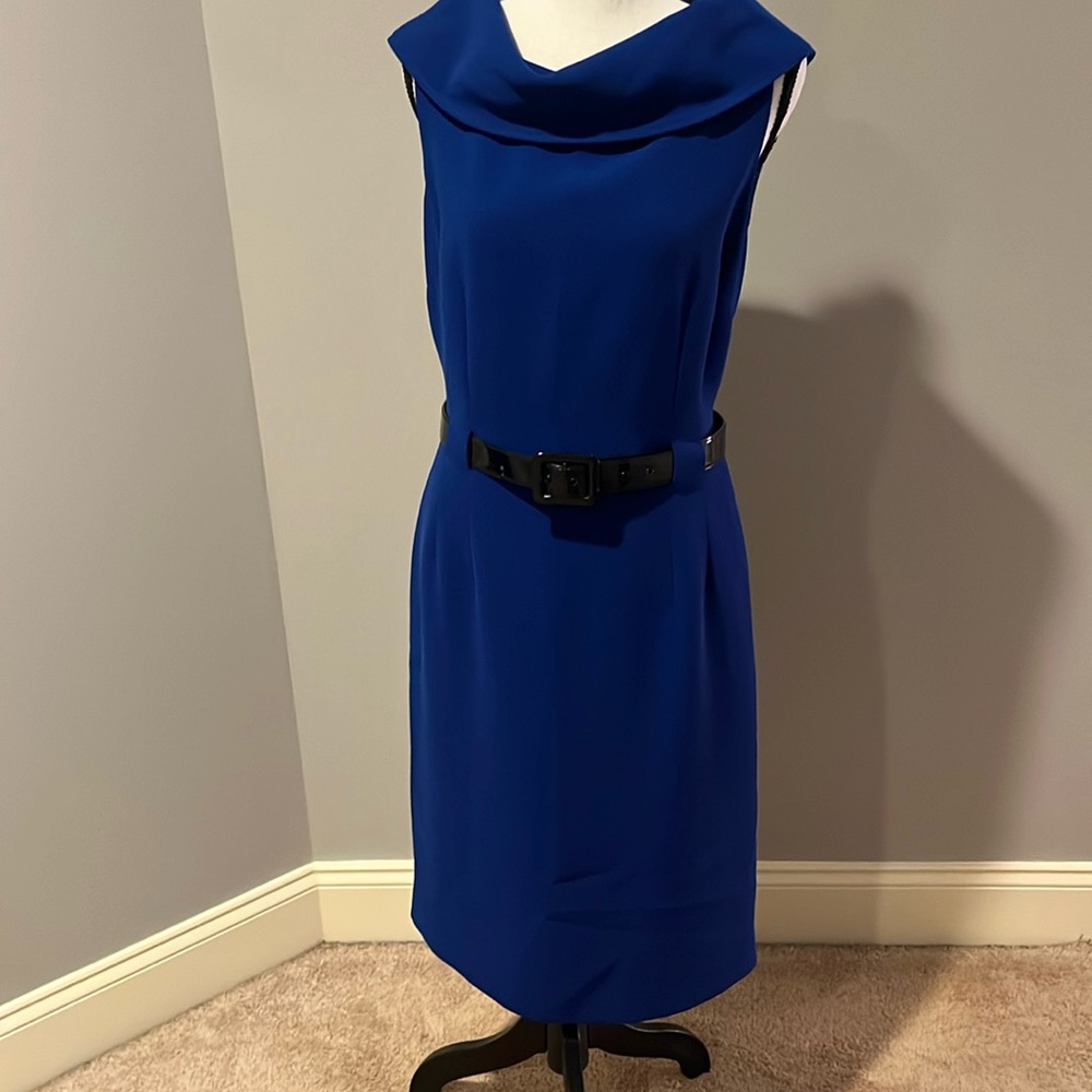 Tahari Blue Sheath Cowl Neck Cocktail Dress
